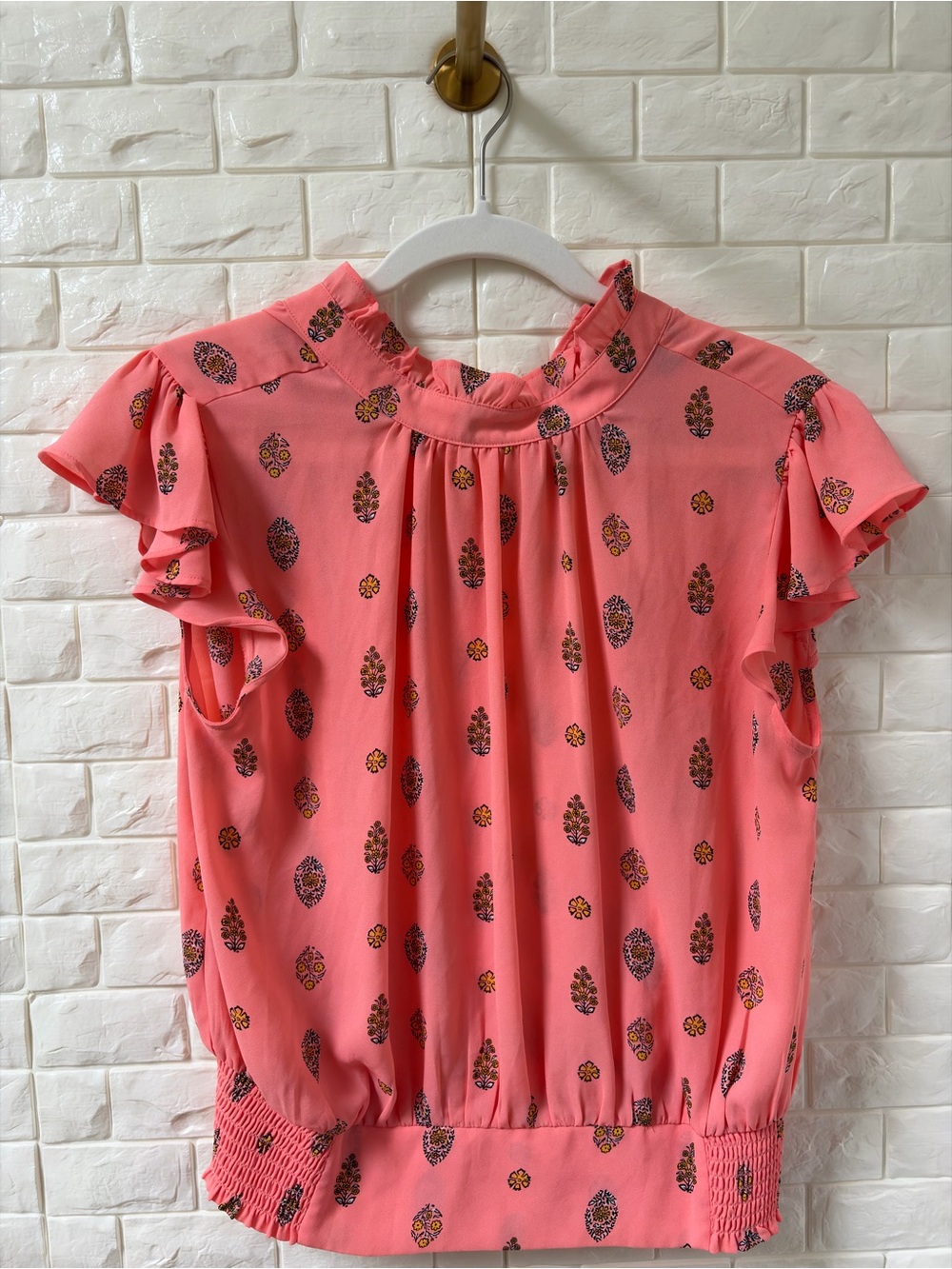 Ann Taylor Coral Pink Floral Ruffle Sleeve Blouse